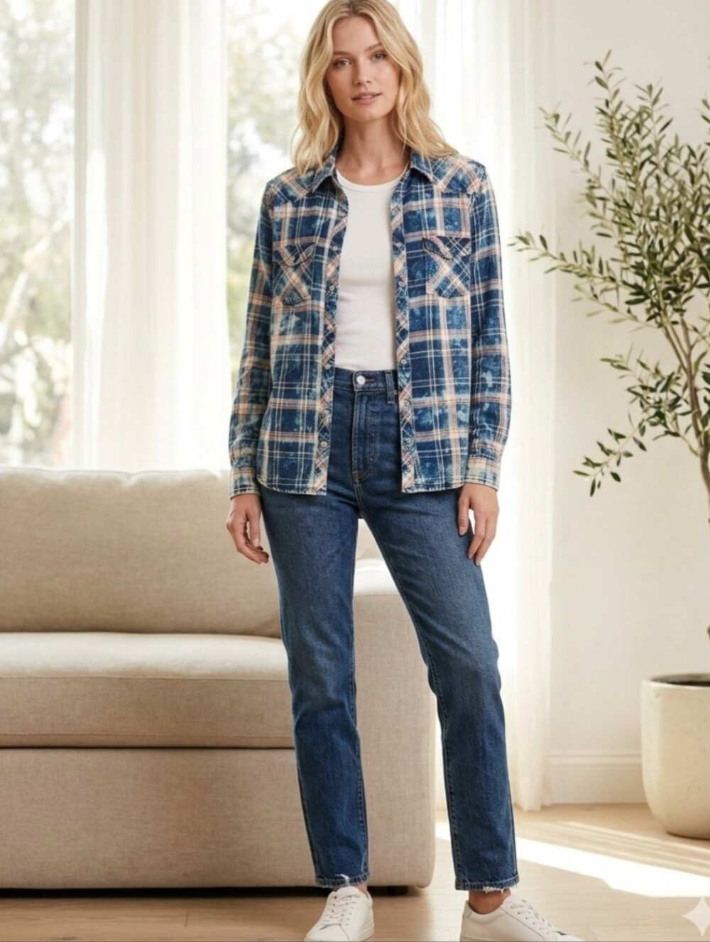 Women's Plaid Button-Front Shirt in Blue and Pink